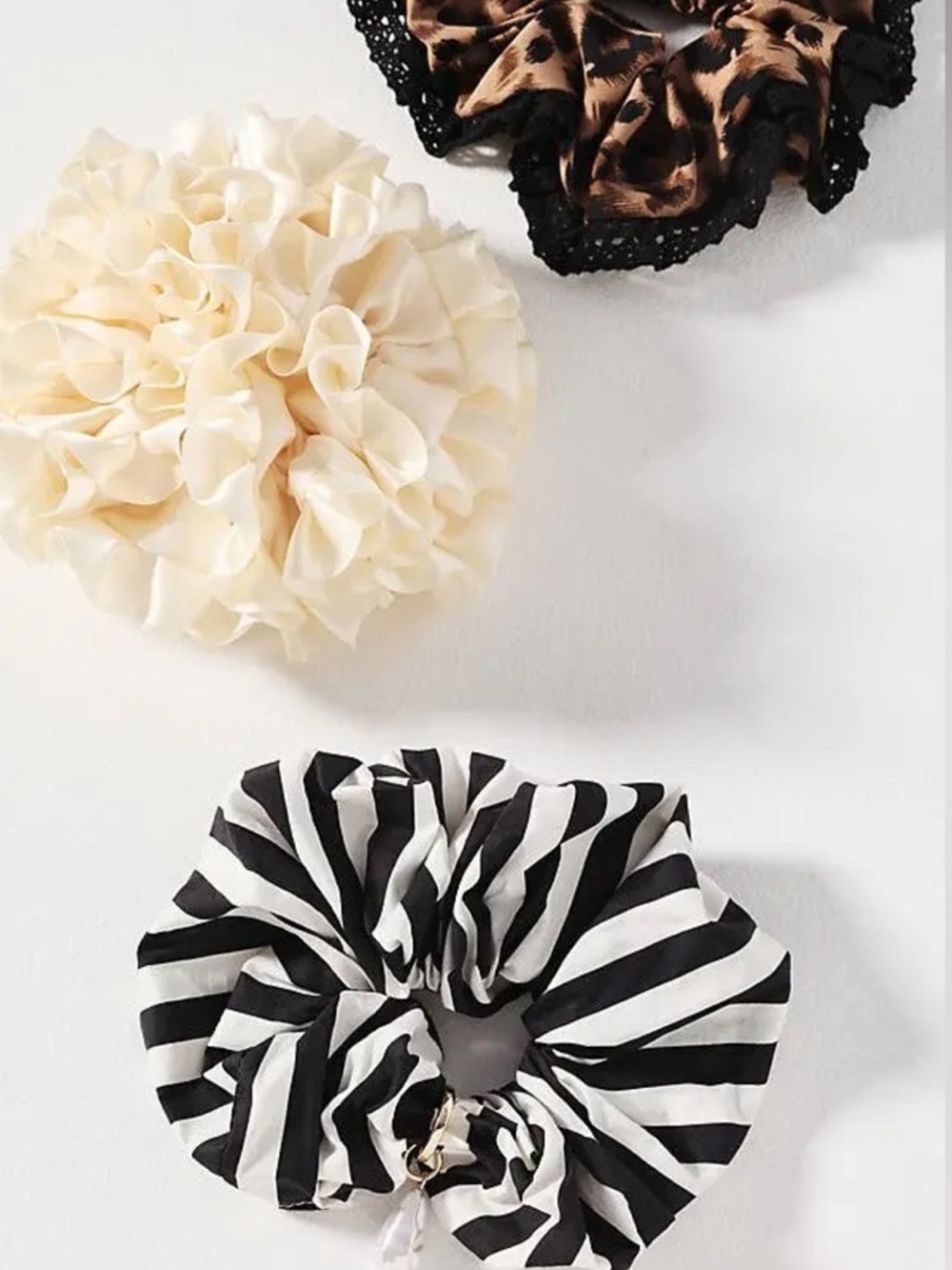Anthropologie Cream, Leopard and Black-White Stripe Hair Scrunchie Set - 3 Total